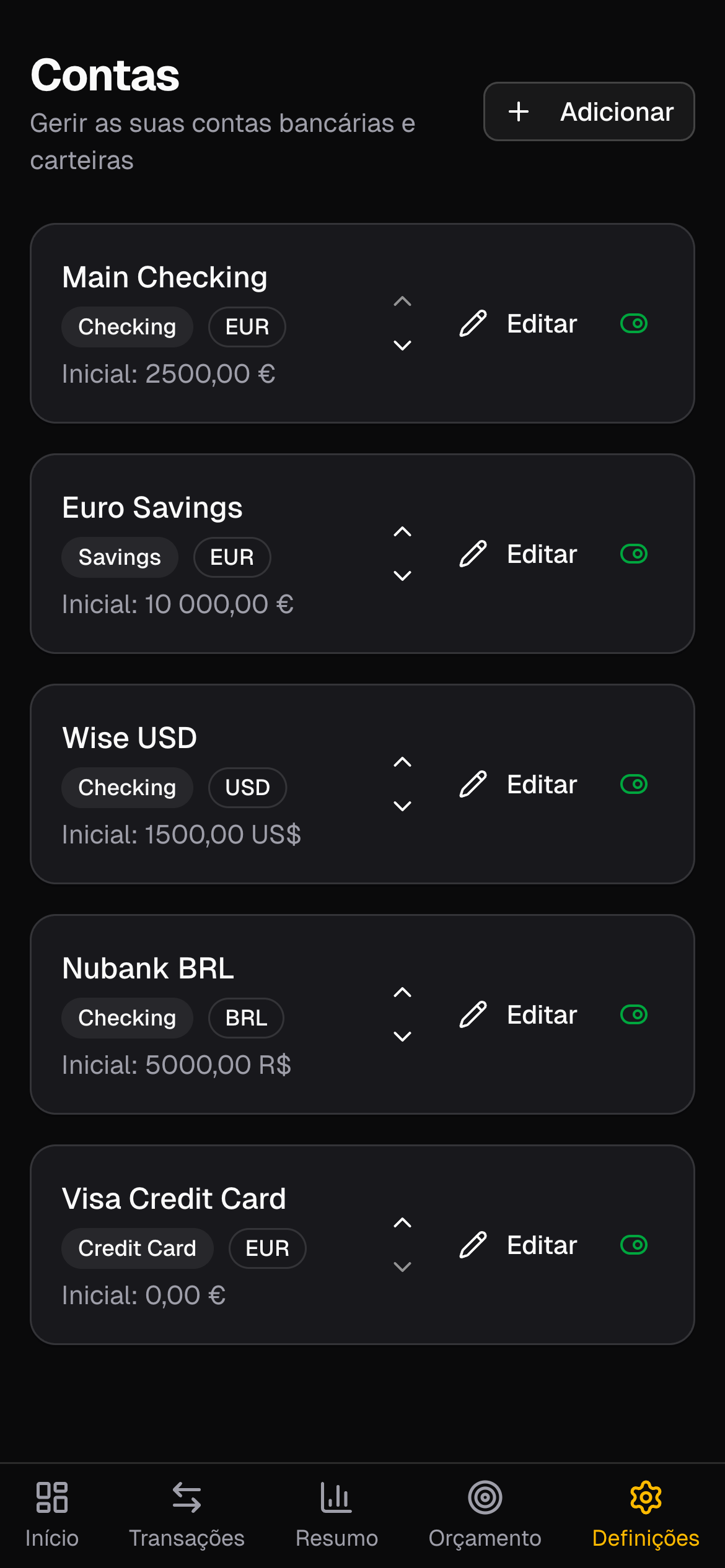 Lista de contas do Ouriva com contas em EUR, USD e BRL