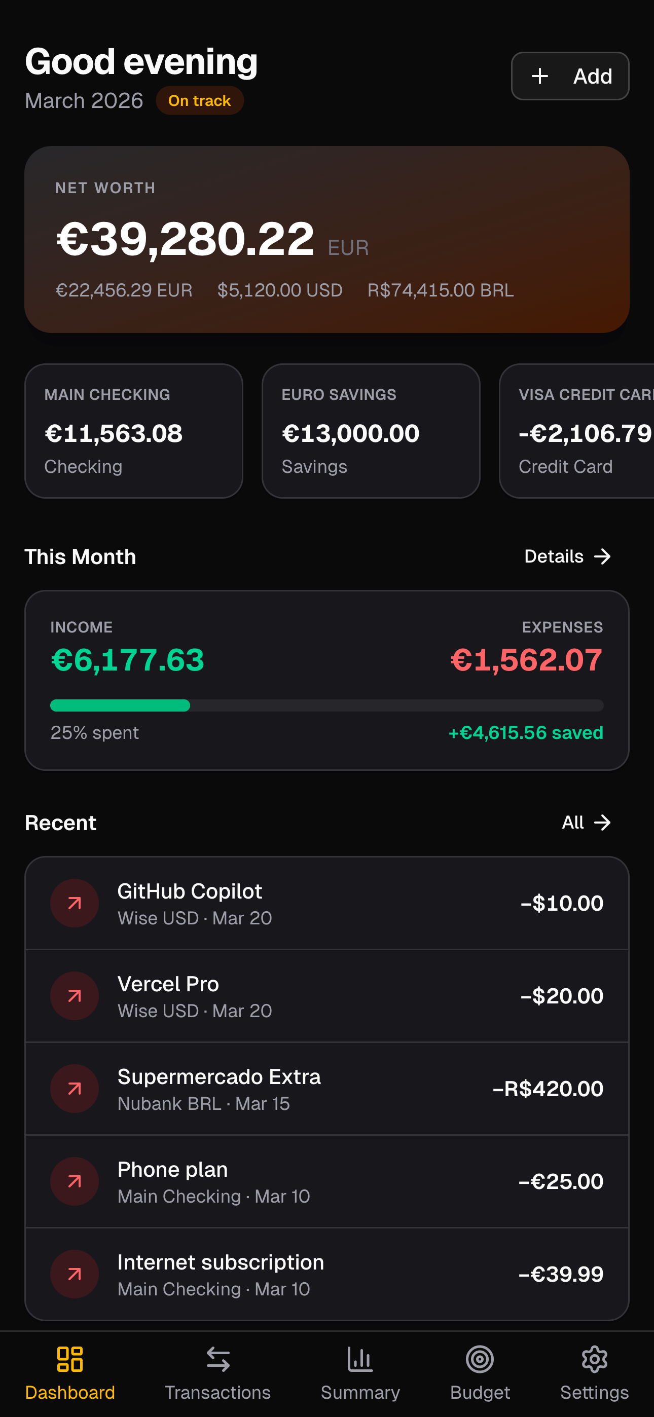 Ouriva dashboard showing accounts, monthly income and expenses, and recent transactions